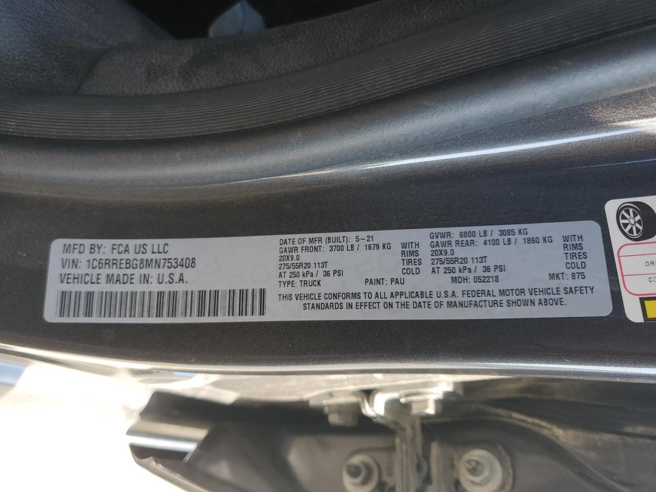 2021 Ram 1500 Big Horn/Lone Star VIN: 1C6RREBG8MN753408 Lot: 91433225