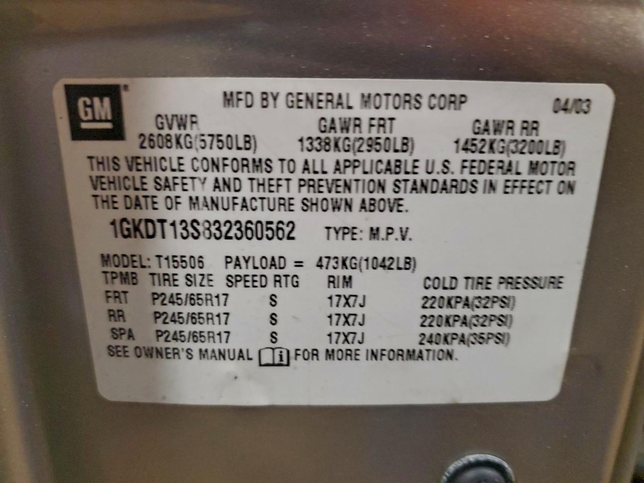 2003 GMC Envoy VIN: 1GKDT13S832360562 Lot: 93660325