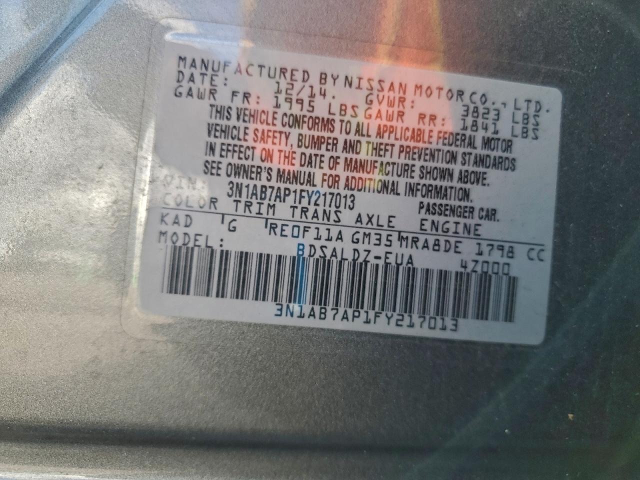 2015 Nissan Sentra S VIN: 3N1AB7AP1FY217013 Lot: 94314225