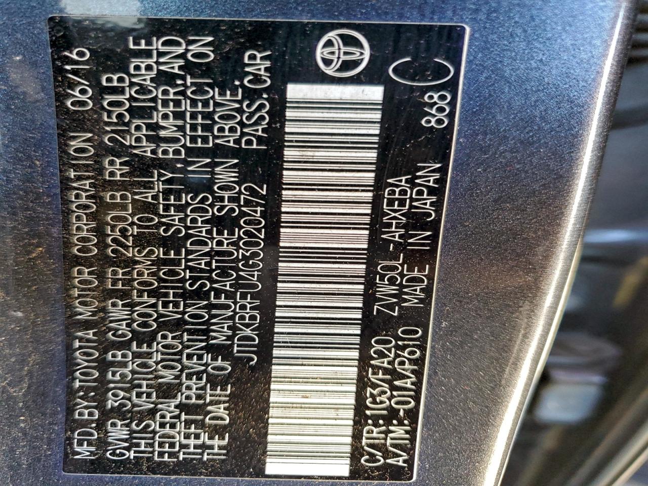 2016 Toyota Prius VIN: JTDKBRFU4G3020472 Lot: 93787835