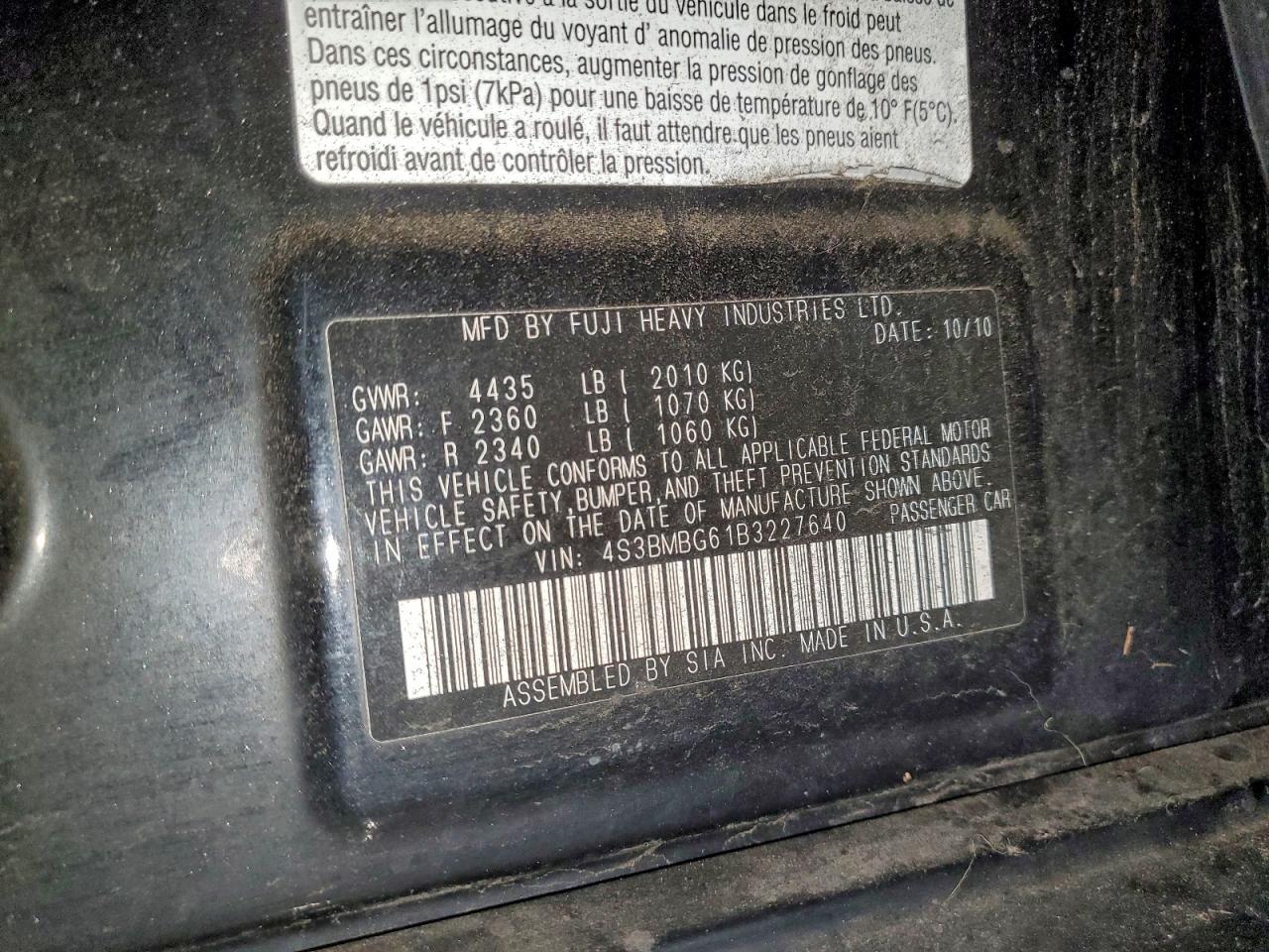 2011 Subaru Legacy 2.5I Premium VIN: 4S3BMBG61B3227640 Lot: 94265535