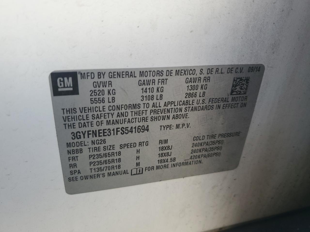 2015 Cadillac Srx Luxury Collection VIN: 3GYFNEE31FS541694 Lot: 92084575