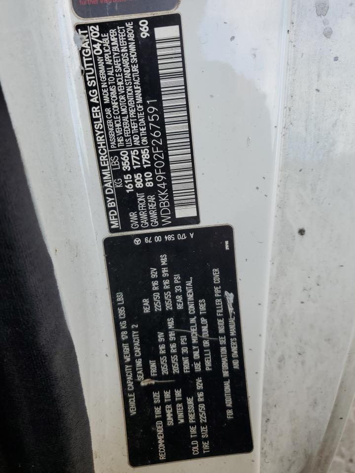 2002 Mercedes-Benz Slk 230 Kompressor VIN: WDBKK49F02F267591 Lot: 91803155