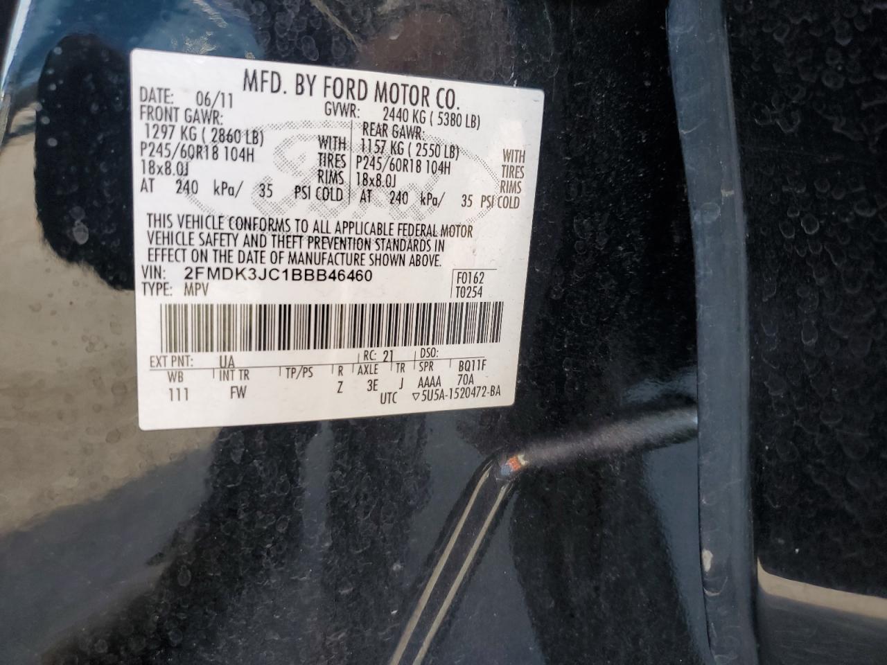 2011 Ford Edge Sel VIN: 2FMDK3JC1BBB46460 Lot: 92923455