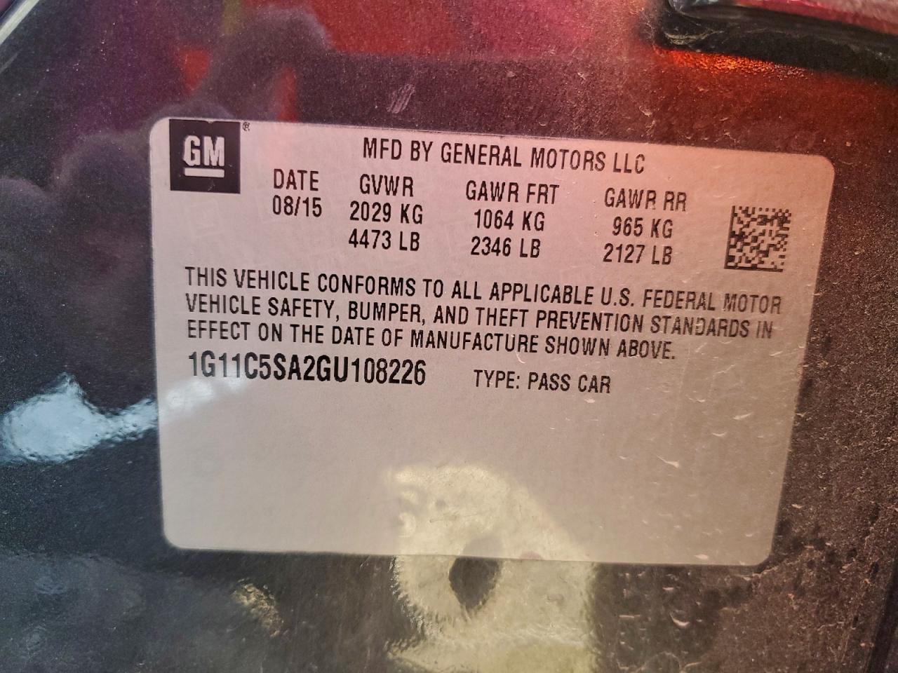 2016 Chevrolet Malibu Limited Lt VIN: 1G11C5SA2GU108226 Lot: 93492955