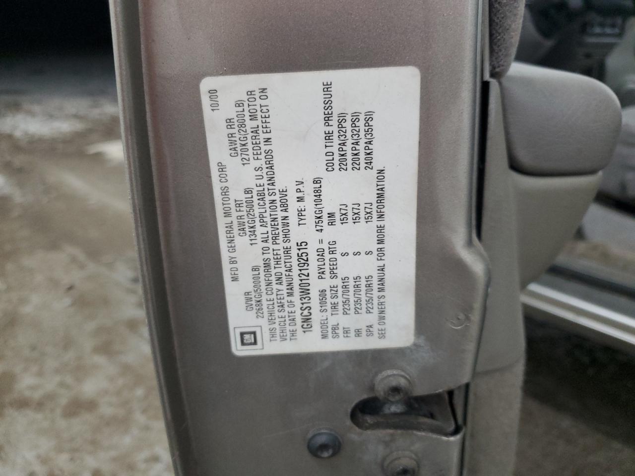 2001 Chevrolet Blazer VIN: 1GNCS13W012192515 Lot: 91432095