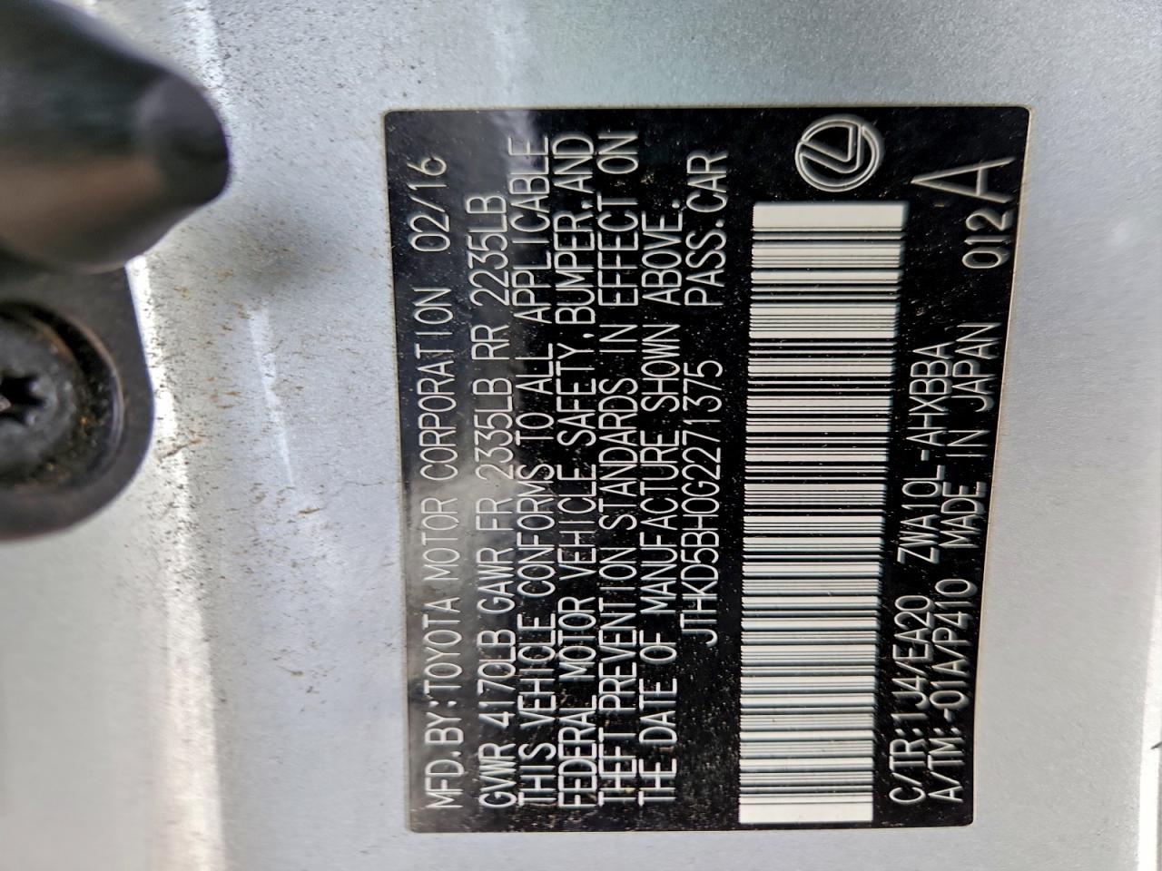 2016 Lexus Ct 200 VIN: JTHKD5BH0G2271375 Lot: 94362465