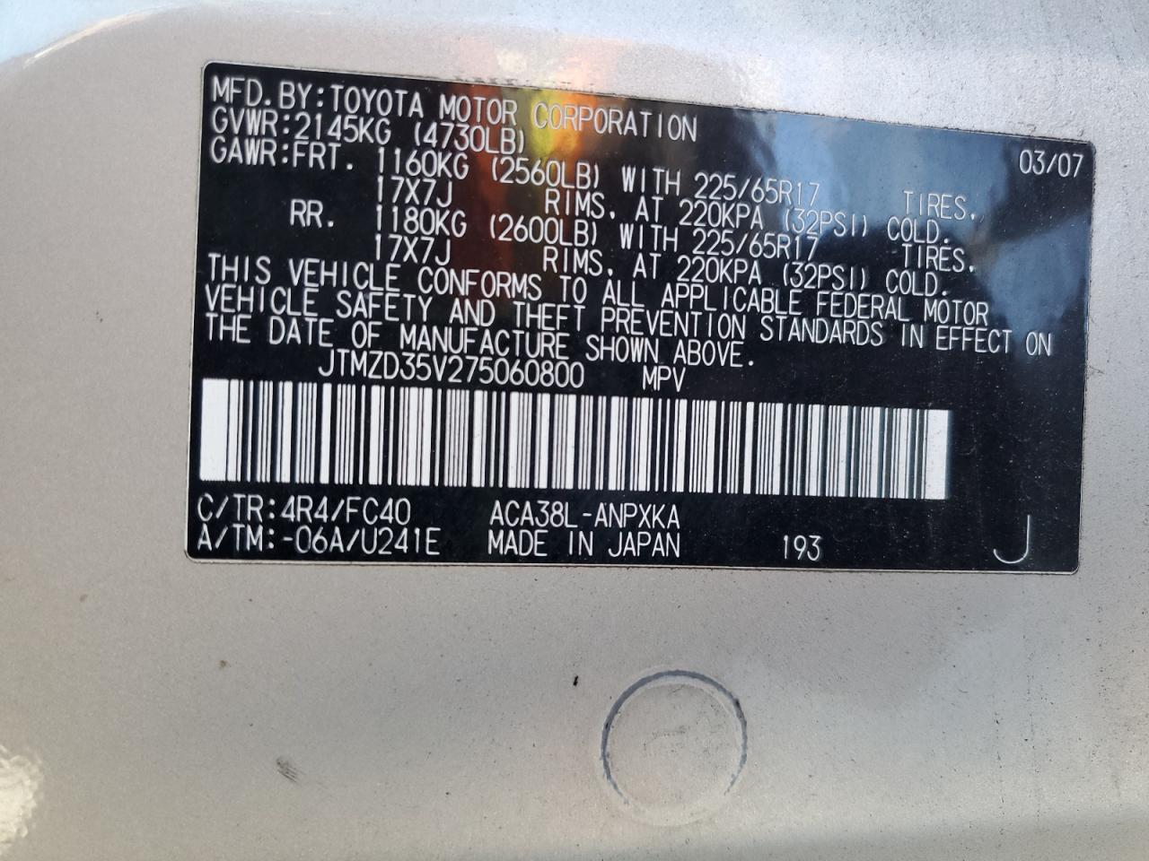 2007 Toyota Rav4 VIN: JTMZD35V275060800 Lot: 92854145