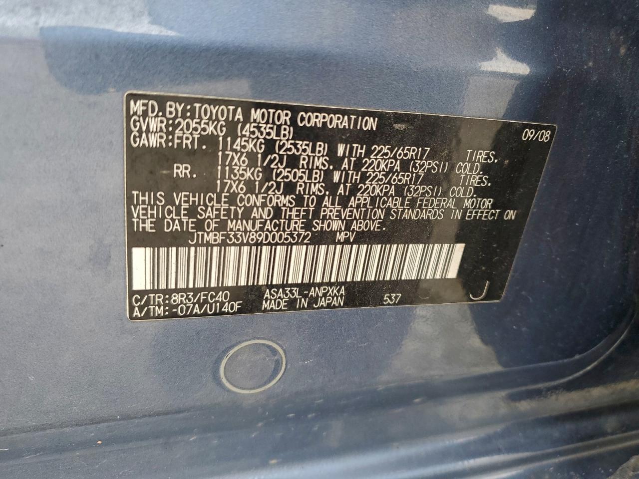 2009 Toyota Rav4 VIN: JTMBF33V89D005372 Lot: 93918625