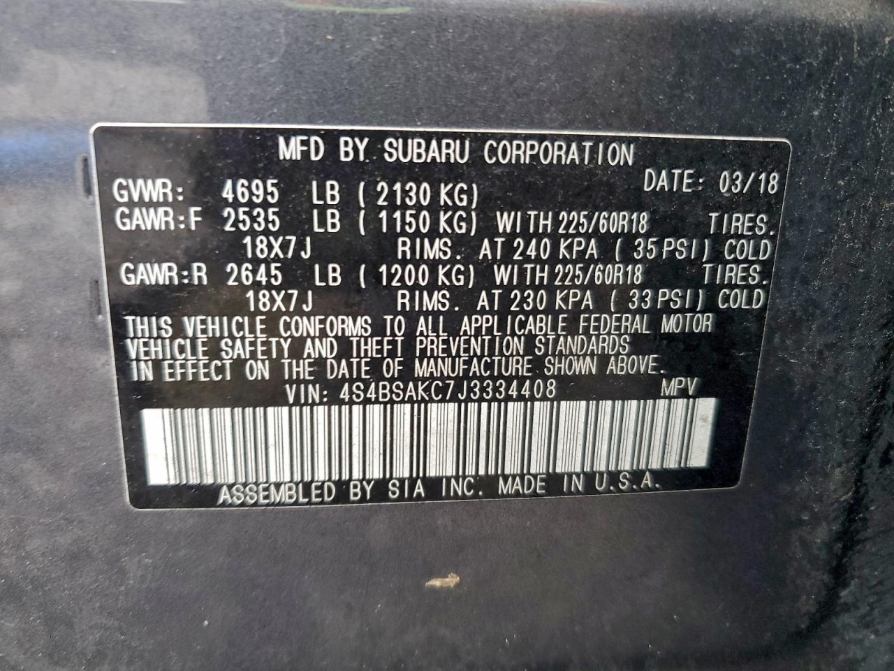 2018 Subaru Outback 2.5I Limited VIN: 4S4BSAKC7J3334408 Lot: 93665785