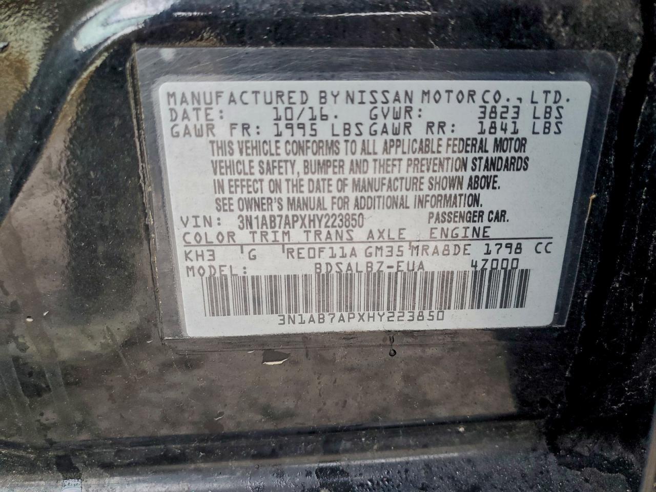 2017 Nissan Sentra S VIN: 3N1AB7APXHY223850 Lot: 94641975