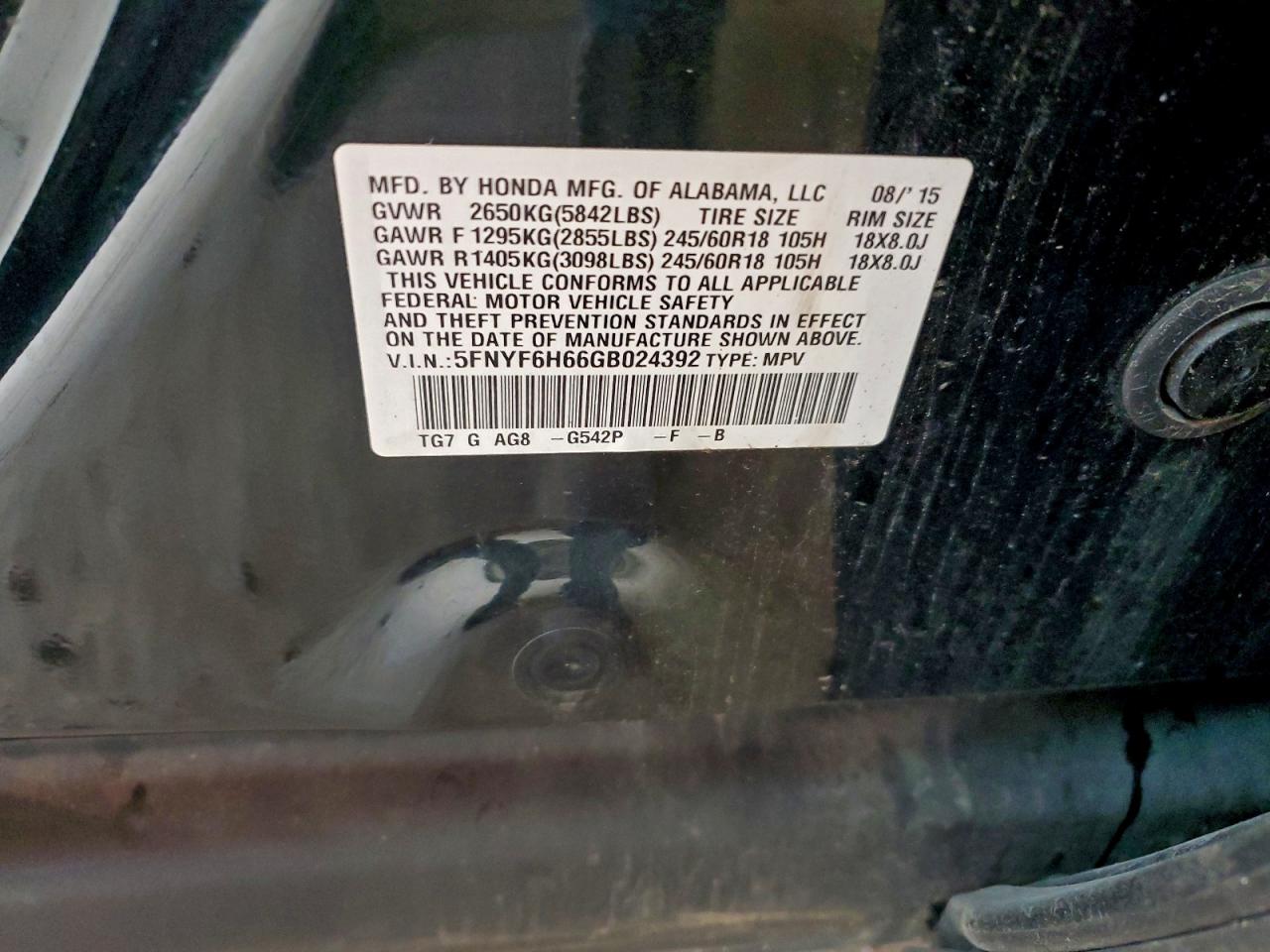 2016 Honda Pilot Exl VIN: 5FNYF6H66GB024392 Lot: 93917065