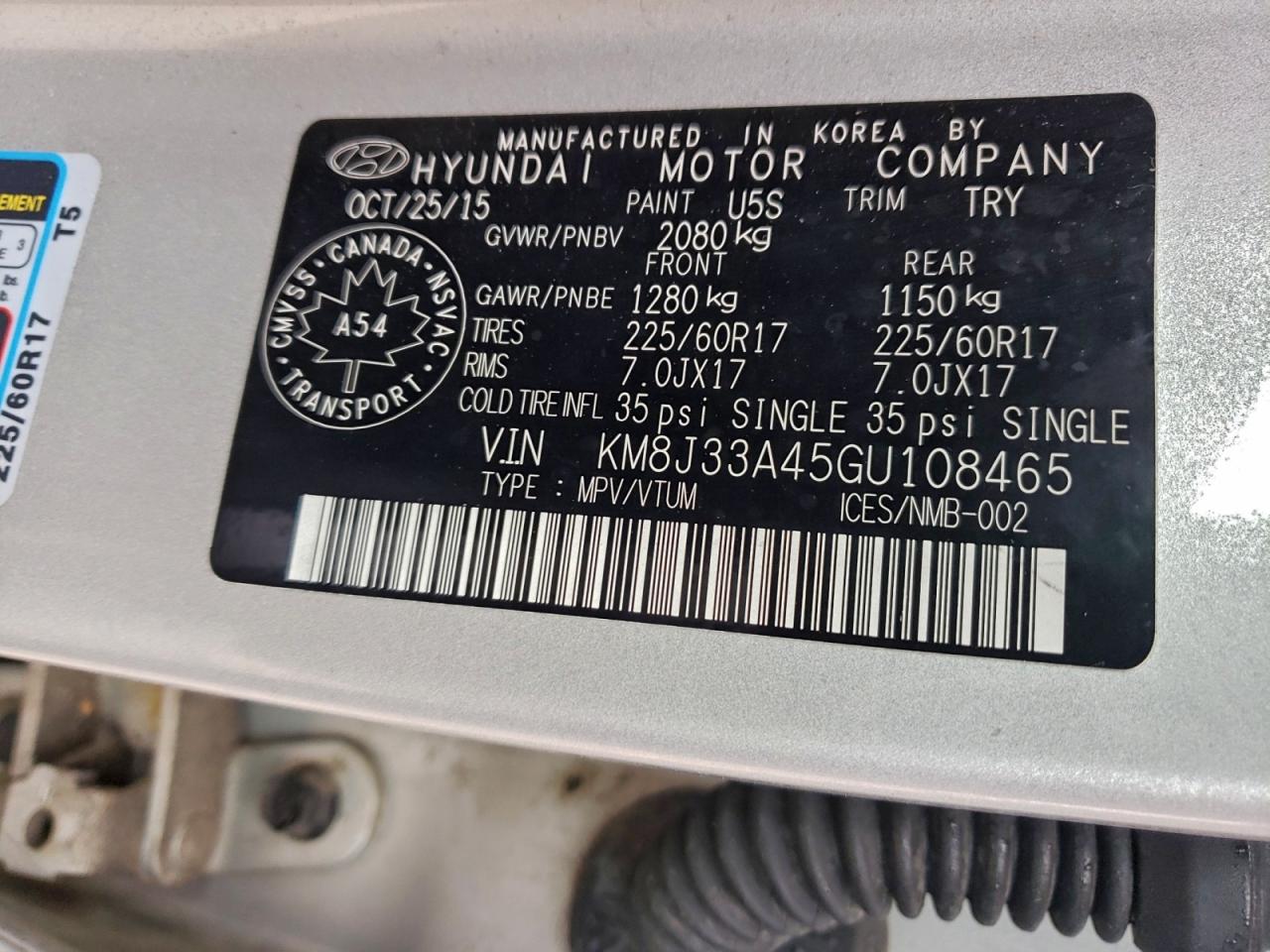 2016 Hyundai Tucson Limited VIN: KM8J33A45GU108465 Lot: 93641395