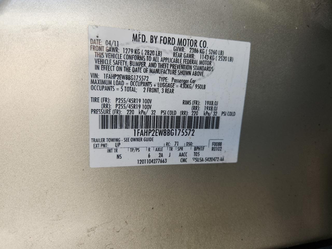 2011 Ford Taurus Sel VIN: 1FAHP2EW8BG175572 Lot: 93126715