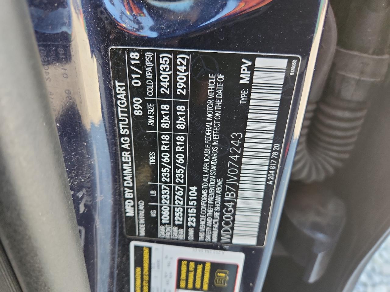 2018 Mercedes-Benz Glc 300 VIN: WDC0G4JB7JV074243 Lot: 91275925