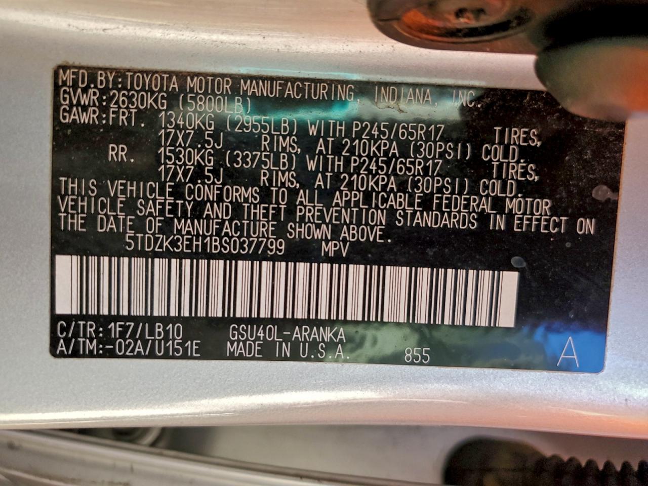 2011 Toyota Highlander Base VIN: 5TDZK3EH1BS037799 Lot: 94752555