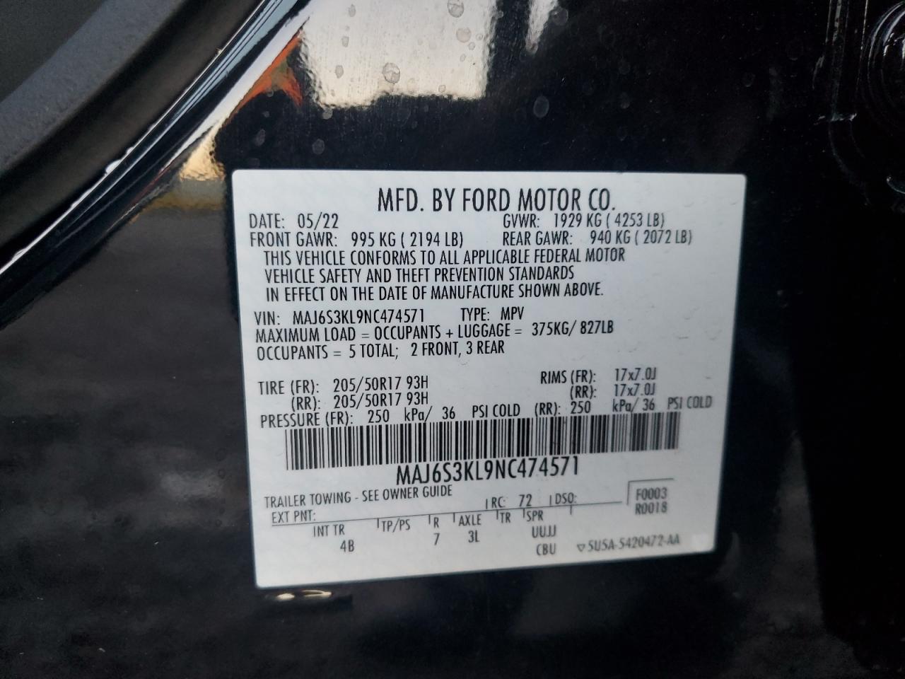 2022 Ford Ecosport Titanium VIN: MAJ6S3KL9NC474571 Lot: 93216885