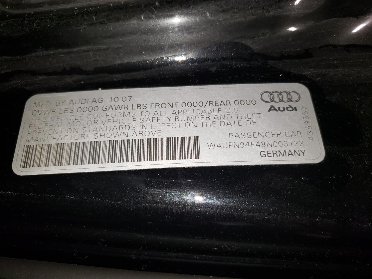 2008 Audi S8 Quattro VIN: WAUPN94E48N003733 Lot: 92481385