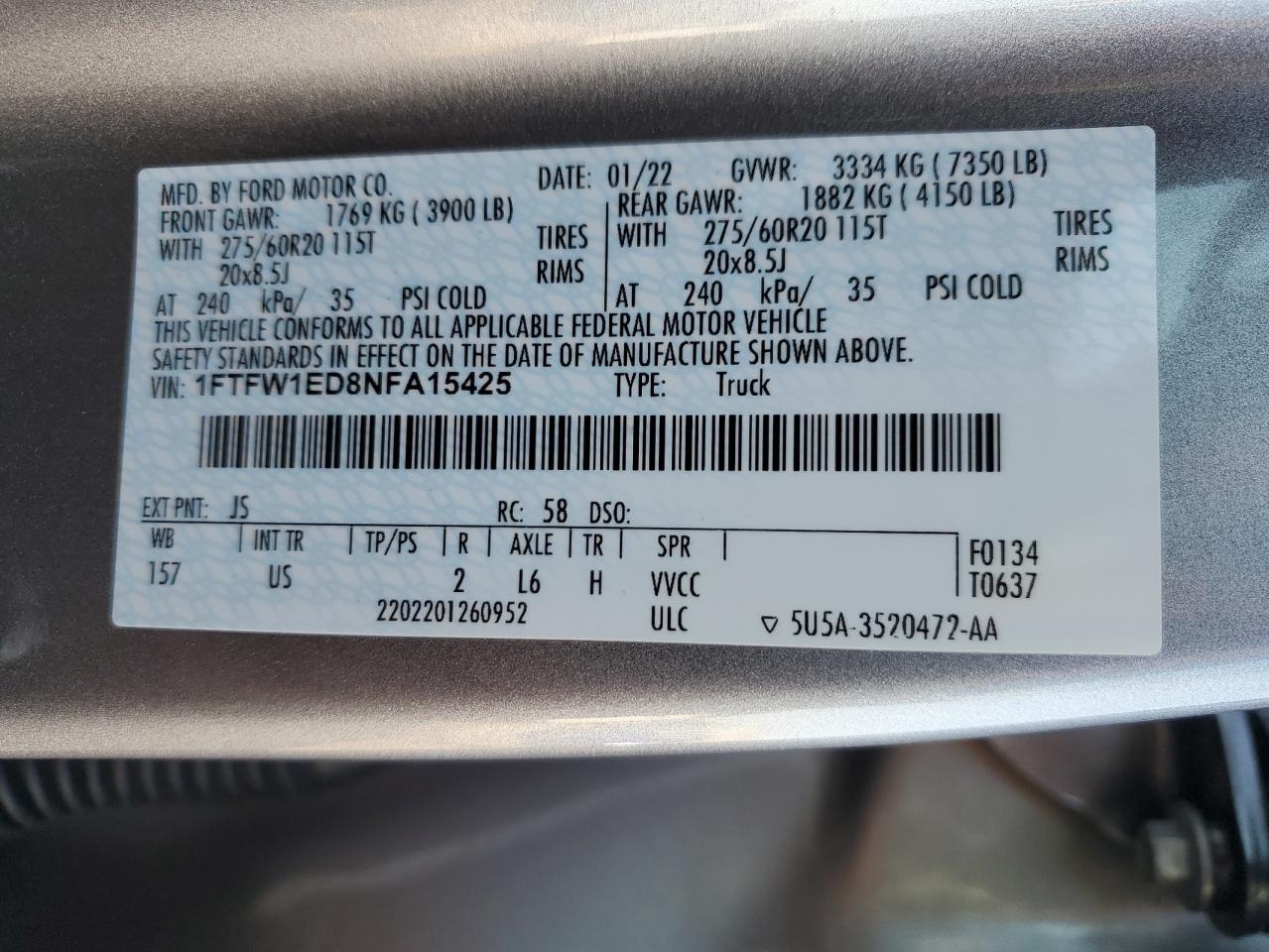 2022 Ford F150 Supercrew VIN: 1FTFW1ED8NFA15425 Lot: 92925015