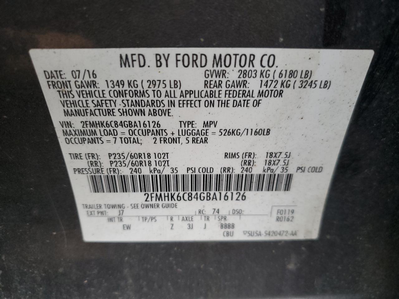 2016 Ford Flex Sel VIN: 2FMHK6C84GBA16126 Lot: 93808195