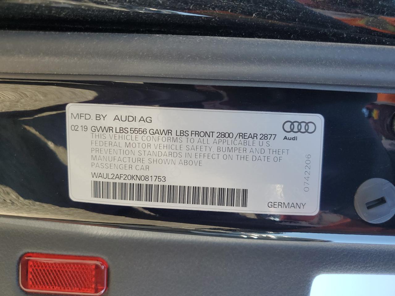 2019 Audi A6 Premium Plus VIN: WAUL2AF20KN081753 Lot: 93920585