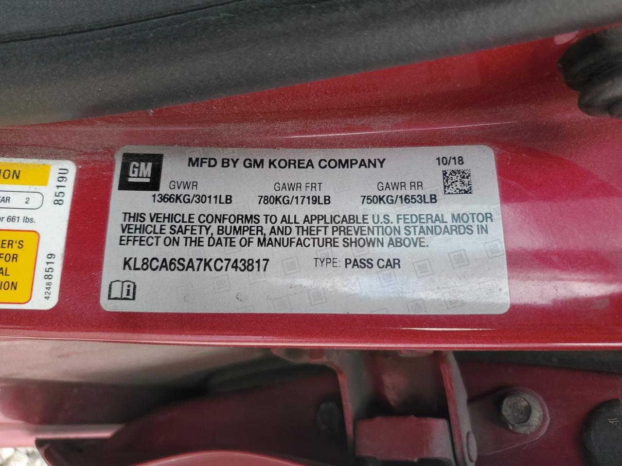 2019 Chevrolet Spark Ls VIN: KL8CA6SA7KC743817 Lot: 92372335