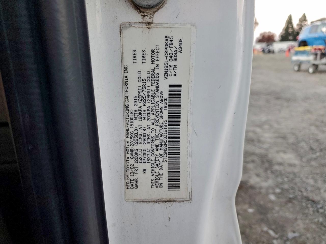 2003 Toyota Tacoma Xtracab Prerunner VIN: 5TESN92N53Z161875 Lot: 94547295