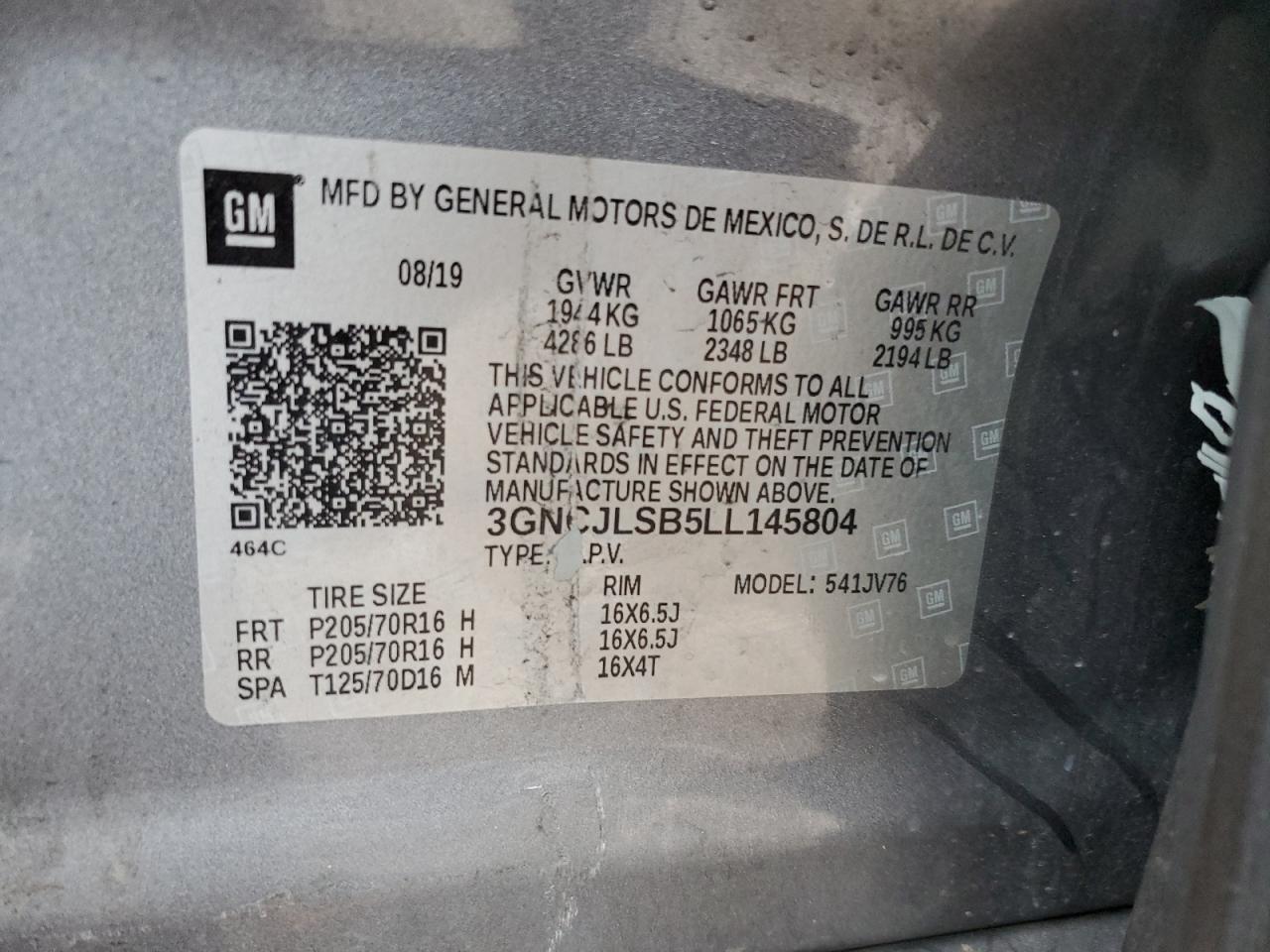 2020 Chevrolet Trax 1Lt VIN: 3GNCJLSB5LL145804 Lot: 91094365