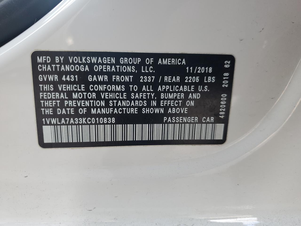 2019 Volkswagen Passat Wolfsburg VIN: 1VWLA7A33KC010838 Lot: 92889175