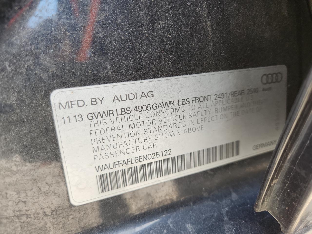 2014 Audi A4 Premium Plus VIN: WAUFFAFL6EN025122 Lot: 92504055