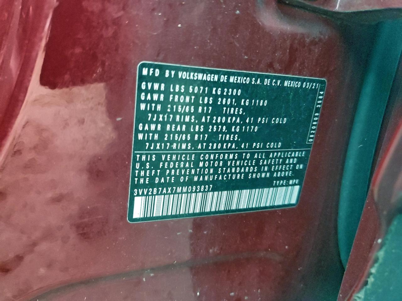 2021 Volkswagen Tiguan Se VIN: 3VV2B7AX7MM093837 Lot: 94635905