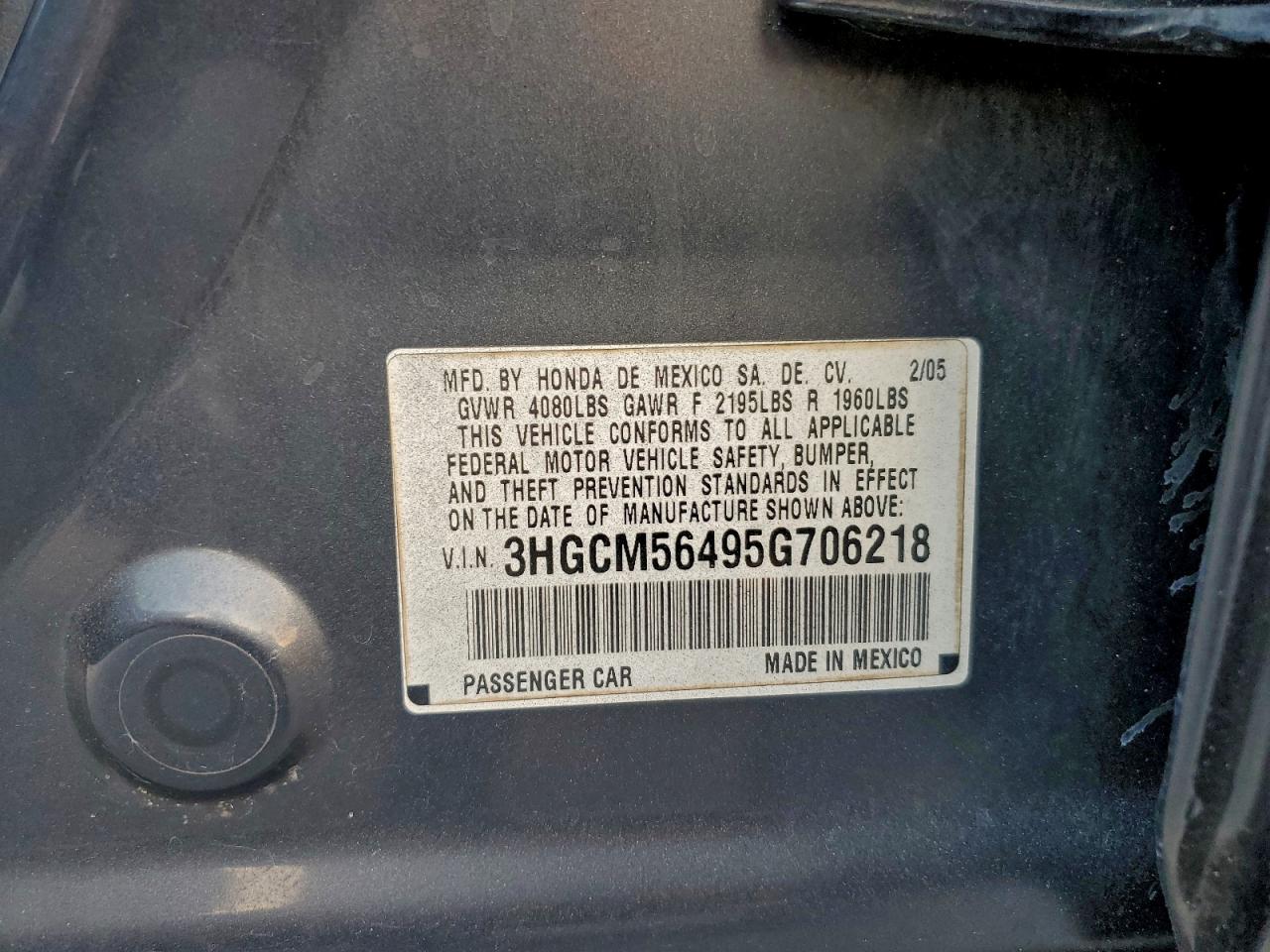 2005 Honda Accord Lx VIN: 3HGCM56495G706218 Lot: 94135425