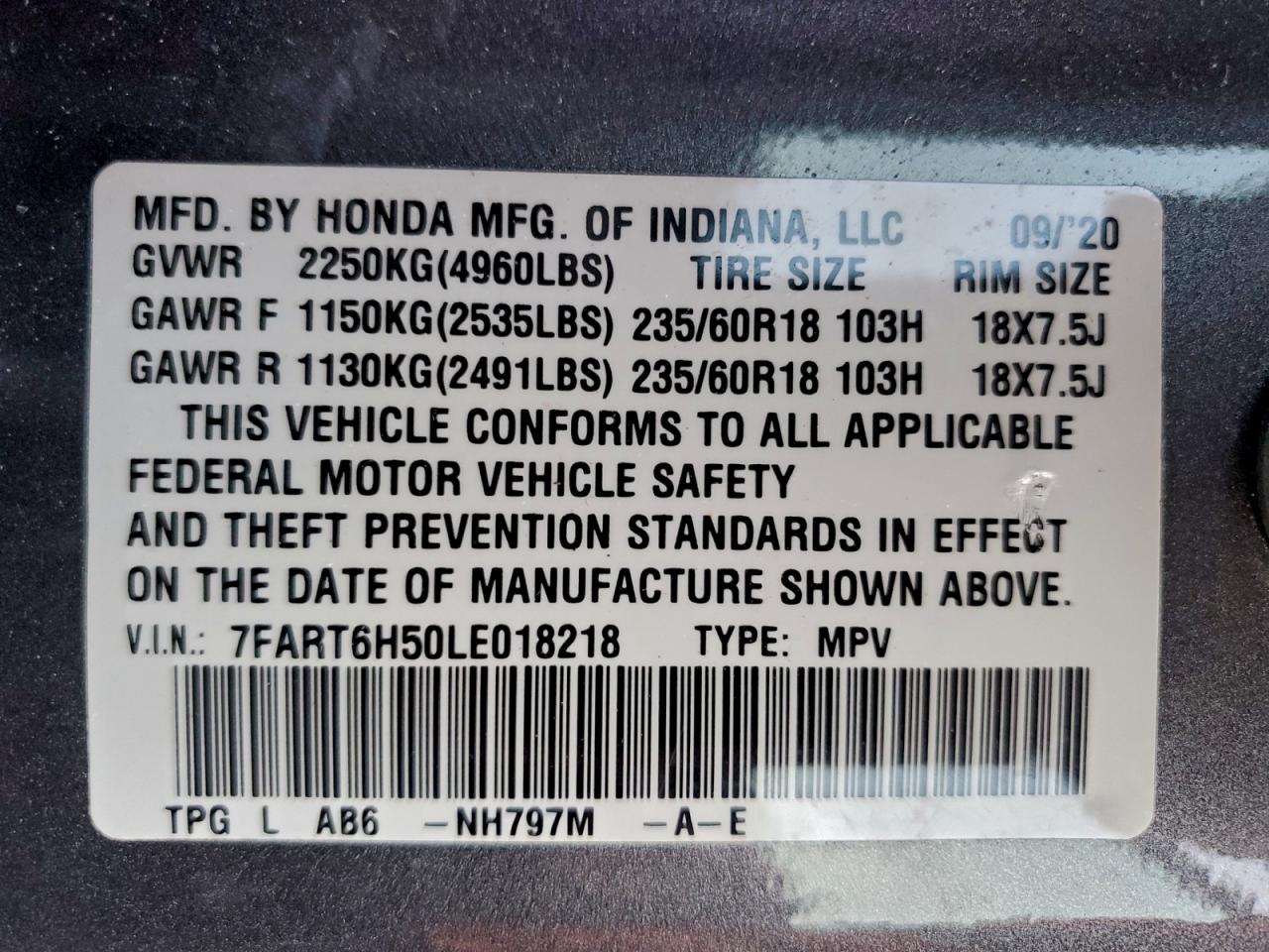 2020 Honda Cr-V Ex VIN: 7FART6H50LE018218 Lot: 94434605