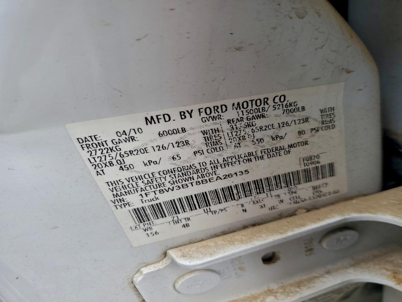 2011 Ford F350 Super Duty VIN: 1FT8W3BT8BEA26135 Lot: 93281935