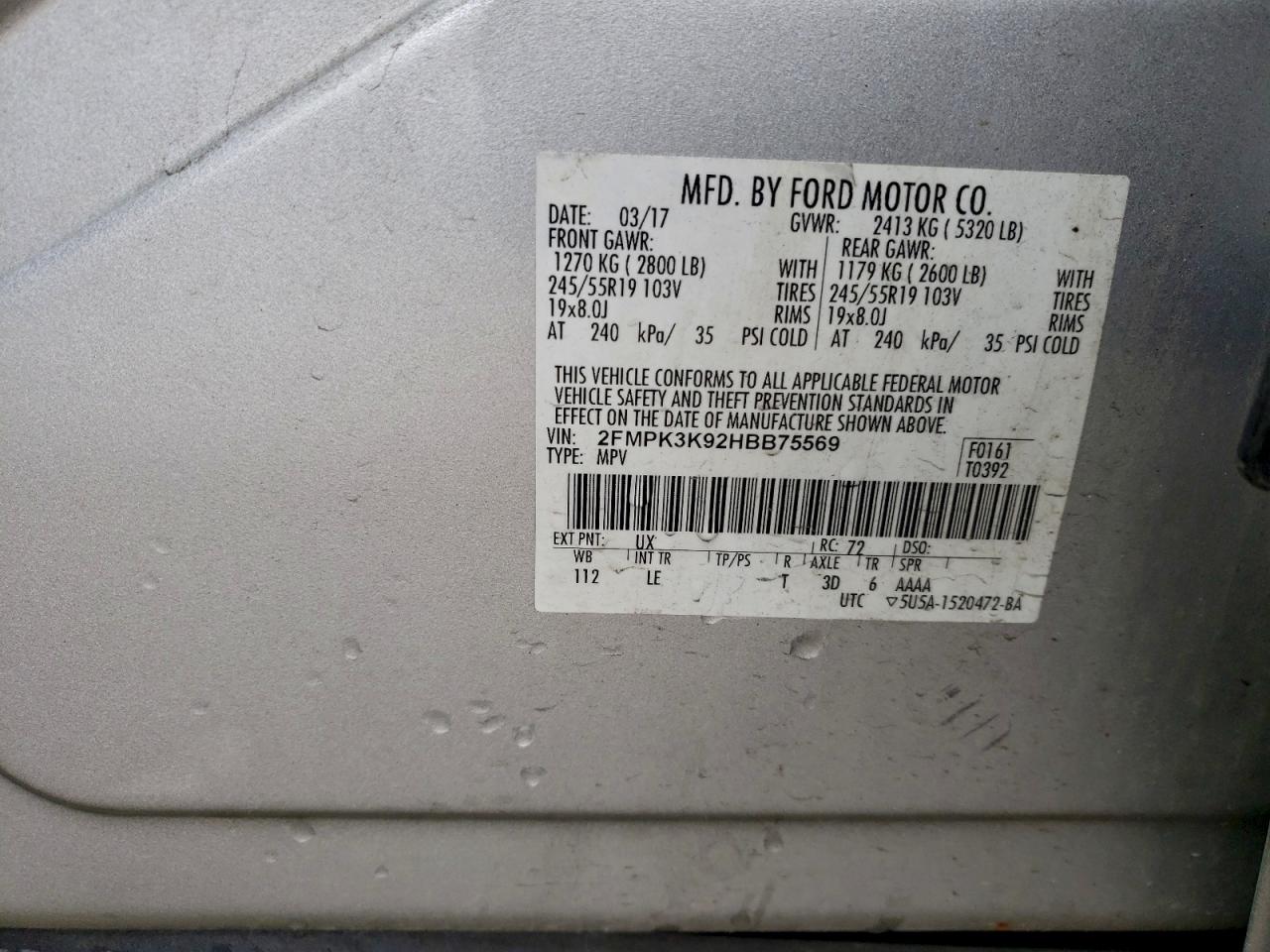 2017 Ford Edge Titanium VIN: 2FMPK3K92HBB75569 Lot: 94166165