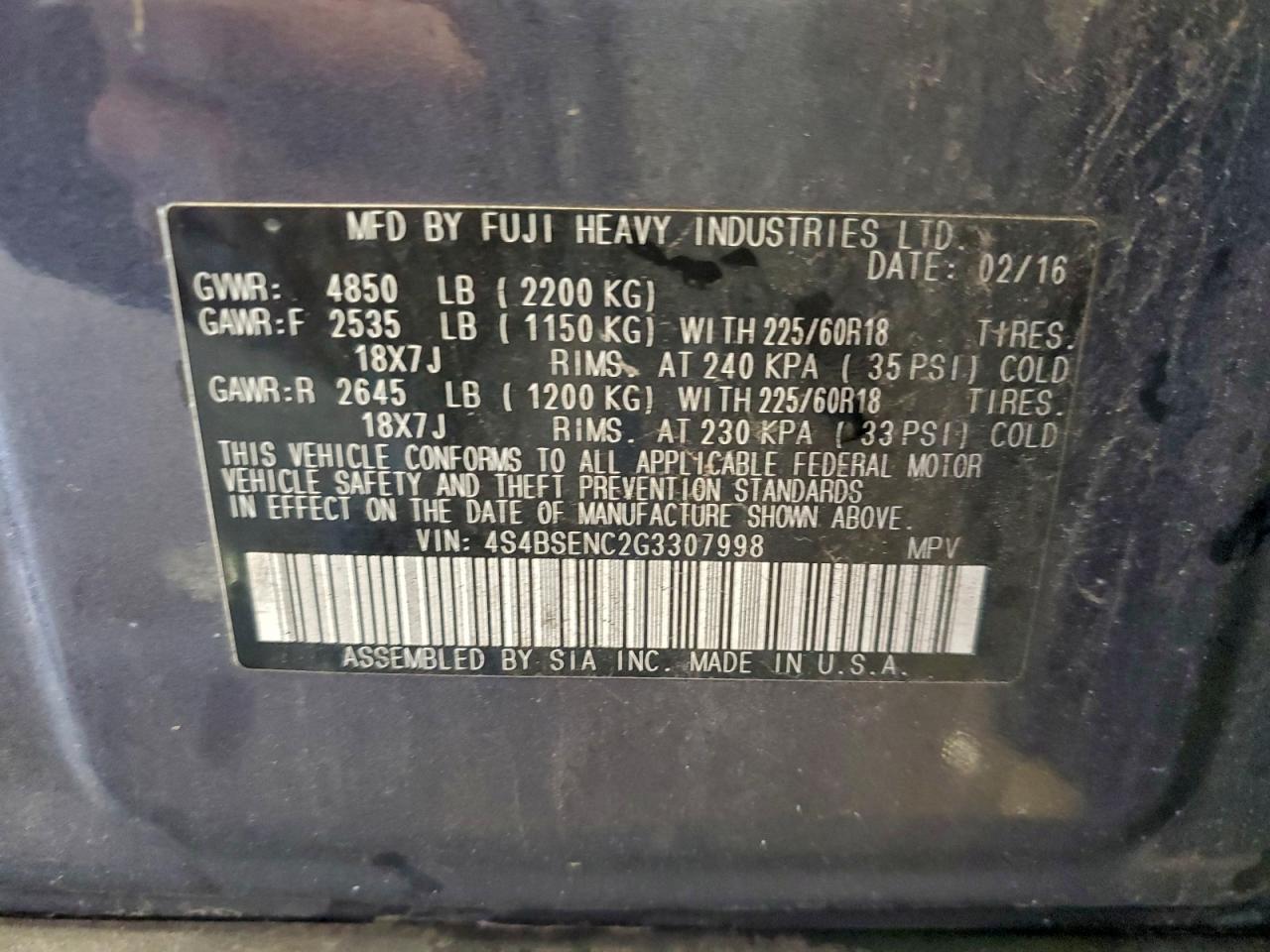 2016 Subaru Outback 3.6R Limited VIN: 4S4BSENC2G3307998 Lot: 93898245