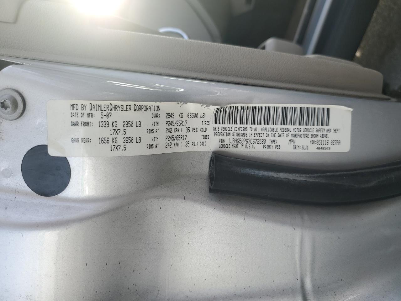 2007 Jeep Commander Limited VIN: 1J8HG58P67C672580 Lot: 91207385