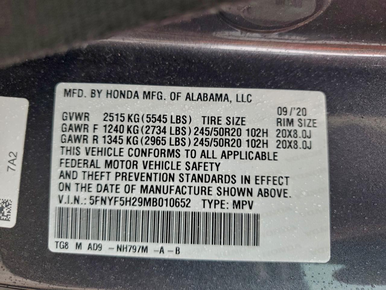 2021 Honda Pilot Se VIN: 5FNYF5H29MB010652 Lot: 94310895