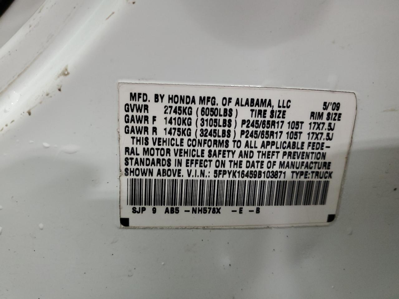 2009 Honda Ridgeline Rts VIN: 5FPYK16459B103871 Lot: 91115055