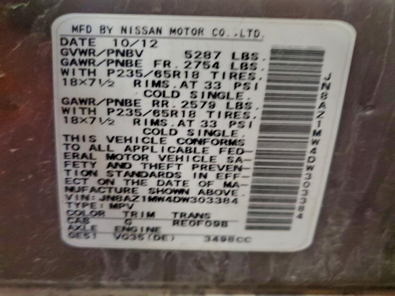 2013 Nissan Murano S VIN: JN8AZ1MW4DW303384 Lot: 94042405