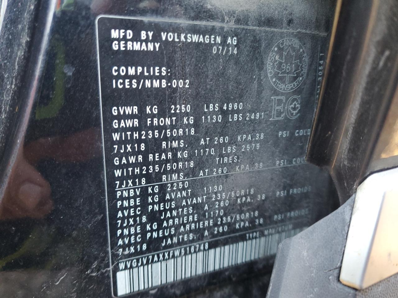 2015 Volkswagen Tiguan S VIN: WVGJV7AXXFW516748 Lot: 92627485