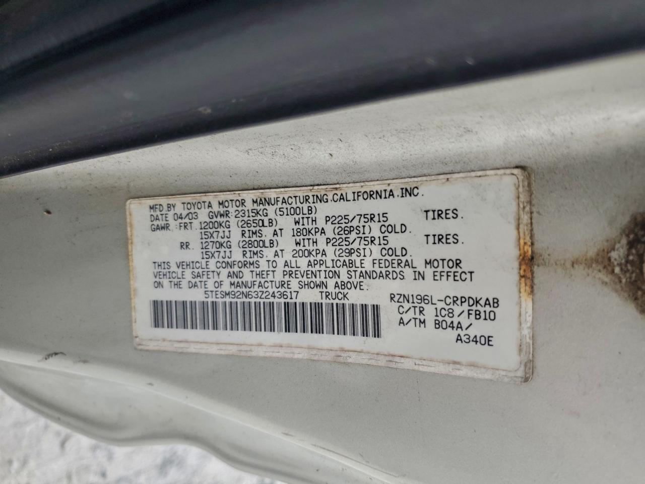 2003 Toyota Tacoma Xtracab Prerunner VIN: 5TESM92N63Z243617 Lot: 94256485