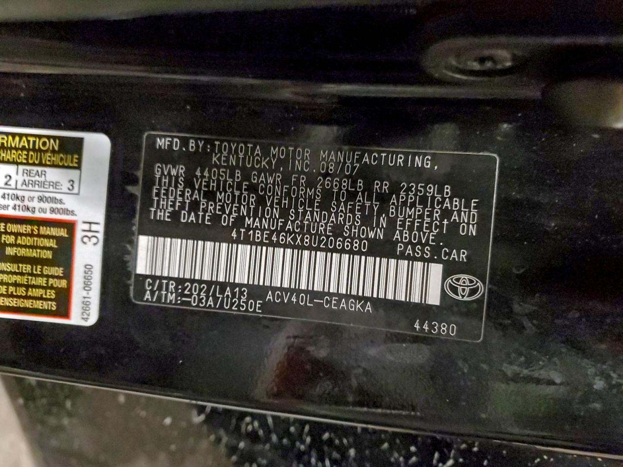 2008 Toyota Camry Ce VIN: 4T1BE46KX8U206680 Lot: 94165435