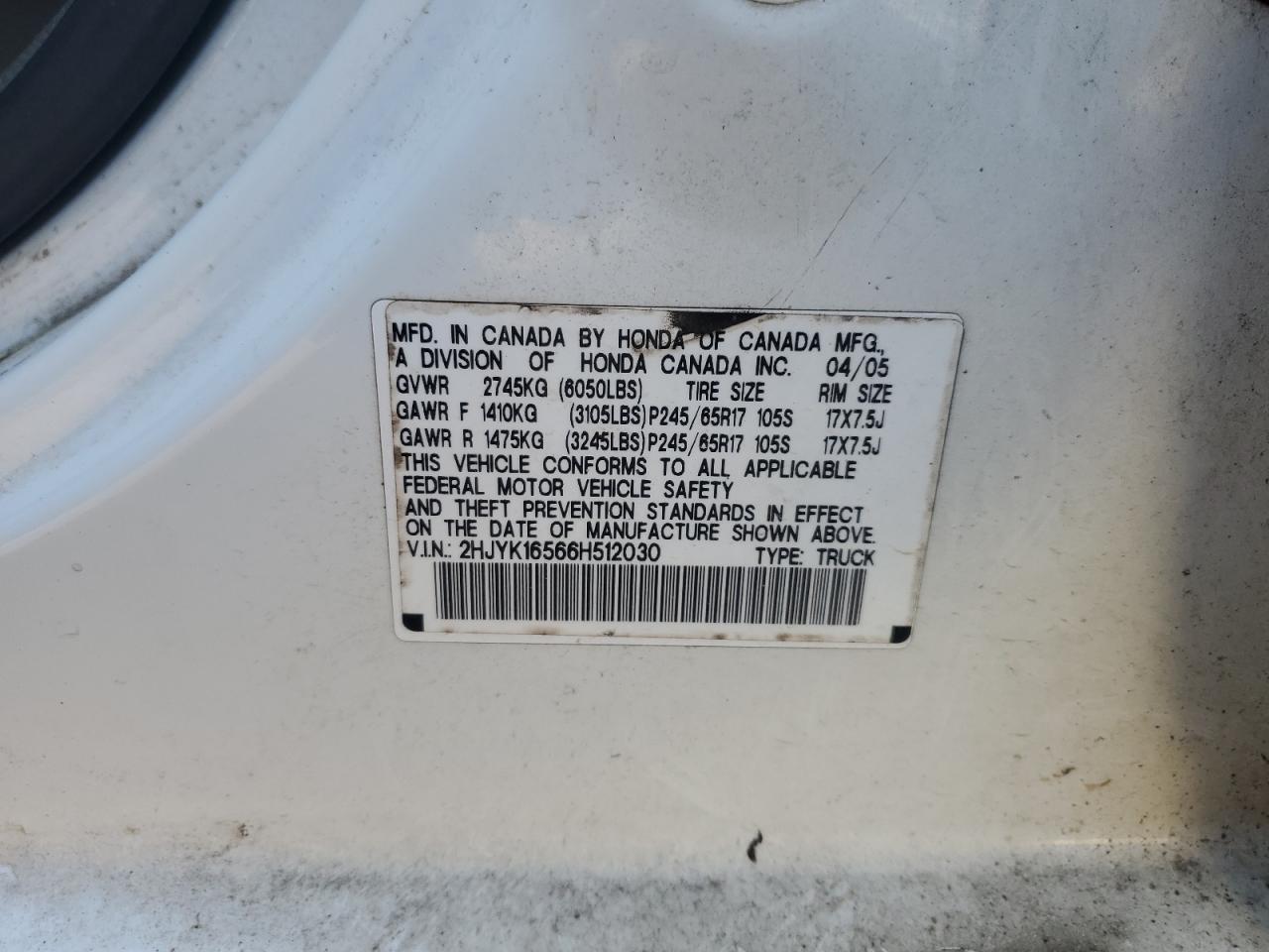 2006 Honda Ridgeline Rtl VIN: 2HJYK16566H512030 Lot: 92109845