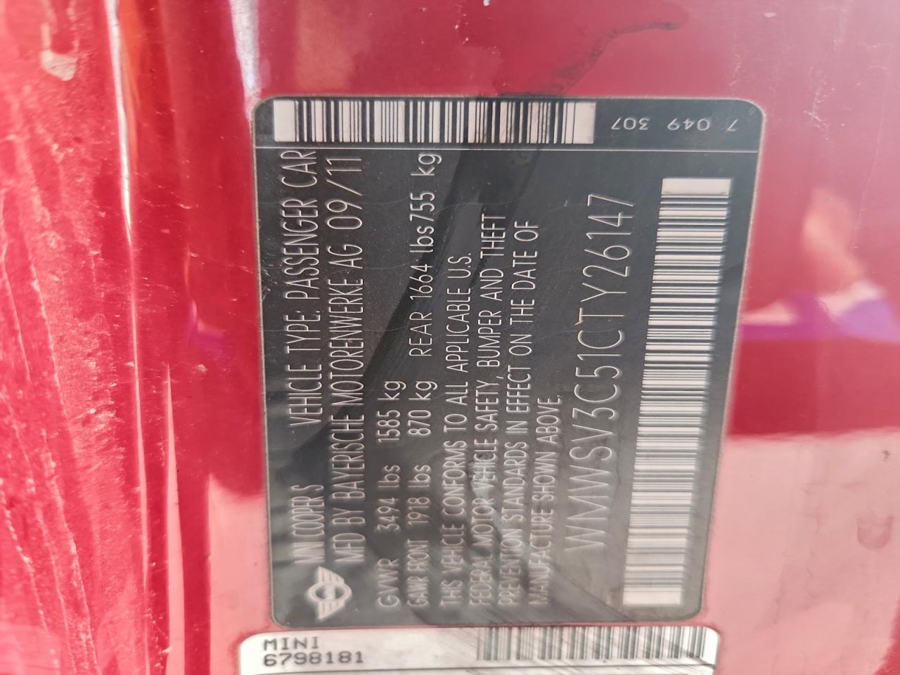 2012 Mini Cooper S VIN: WMWSV3C51CTY26147 Lot: 93911265