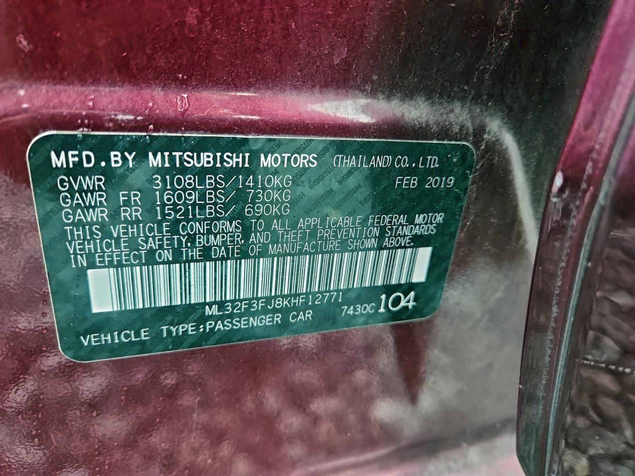 2019 Mitsubishi Mirage G4 Es VIN: ML32F3FJ8KHF12771 Lot: 93509215