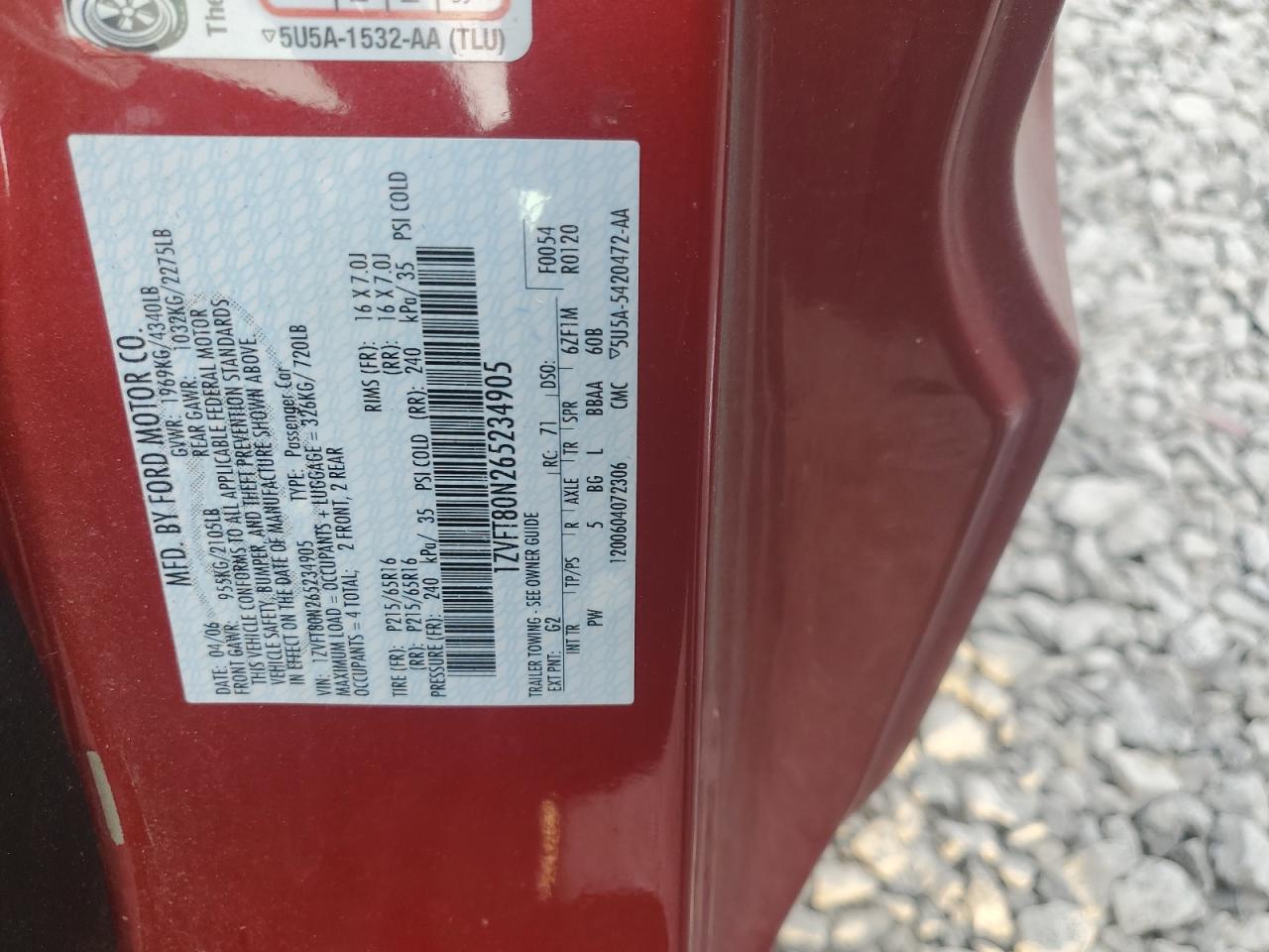 2006 Ford Mustang VIN: 1ZVFT80N265234905 Lot: 93974095