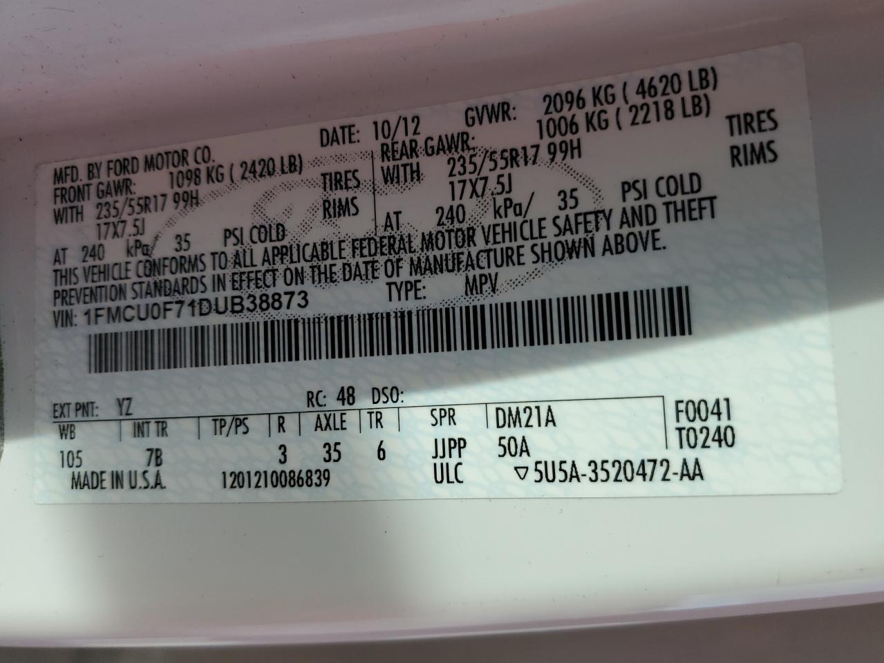 2013 Ford Escape S VIN: 1FMCU0F71DUB38873 Lot: 92461005