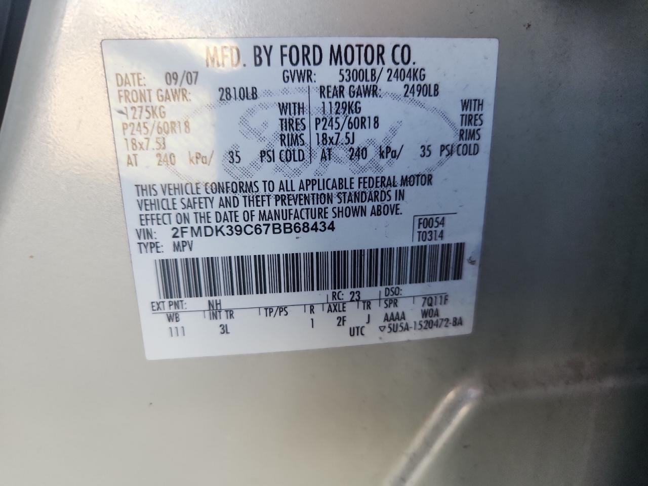 2007 Ford Edge Sel Plus VIN: 2FMDK39C67BB68434 Lot: 92669255