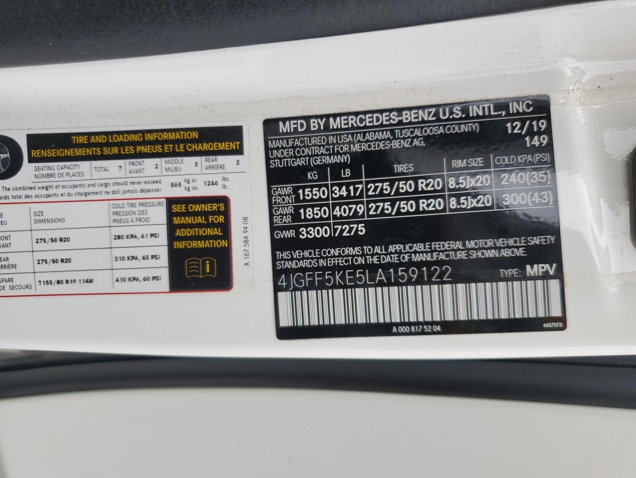 2020 Mercedes-Benz Gls 450 4Matic VIN: 4JGFF5KE5LA159122 Lot: 91715405